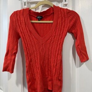 bebe Cable Knit V-Neck Sweater - orange poppy color